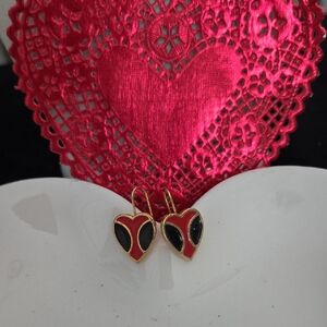 Vintage Heart-Shaped Red and Black Enamel Earrings